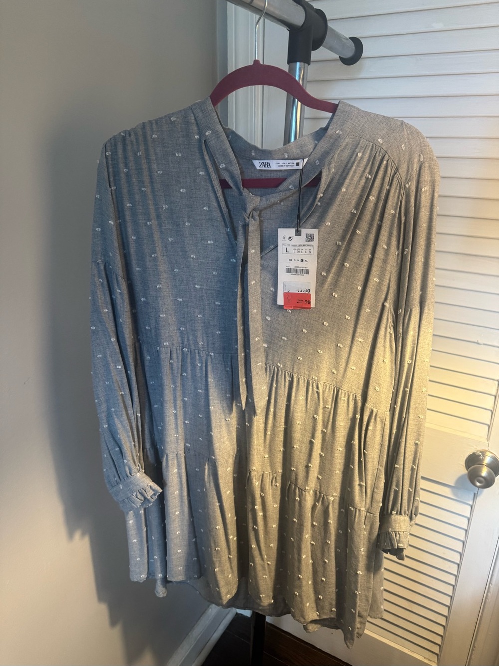 Zara Light Grey Dot Tie-Neck Tiered Dress